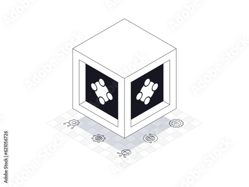Connect box illustration in isometric style. Background is Connect line icons containing gear, global connection, global network, internet connection.