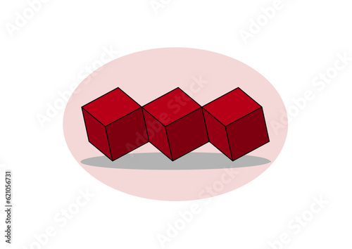 drei horizontal angeordnete miteinander verbundene rote würfel, 3d