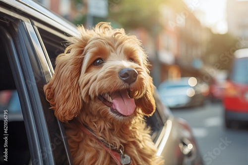 A Golden Doodle dog with their head out of a car window as they drive through a city
