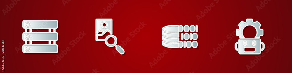 Set Server, Data, Photo retouching, Binary code and Robot setting icon. Vector