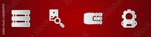 Set Server, Data, Photo retouching, Binary code and Robot setting icon. Vector