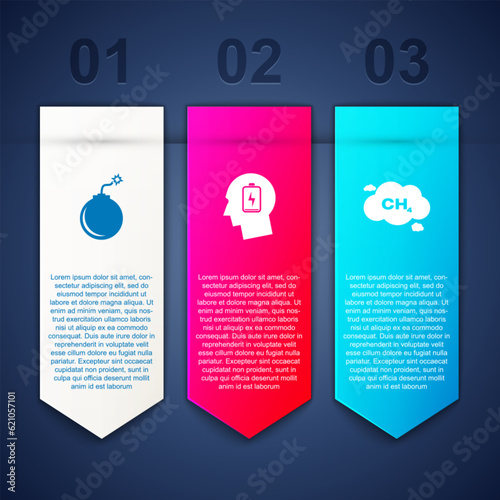 Set Bomb ready to explode, Head with low battery and Methane emissions reduction. Business infographic template. Vector