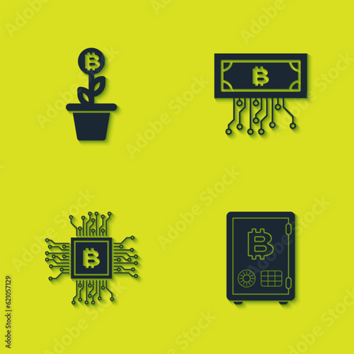 Set Bitcoin plant in the pot, Proof of stake, CPU mining farm and Cryptocurrency bitcoin with circuit icon. Vector