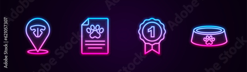 Set line Cat nose, Clinical record pet, Dog award symbol and Pet food bowl. Glowing neon icon. Vector