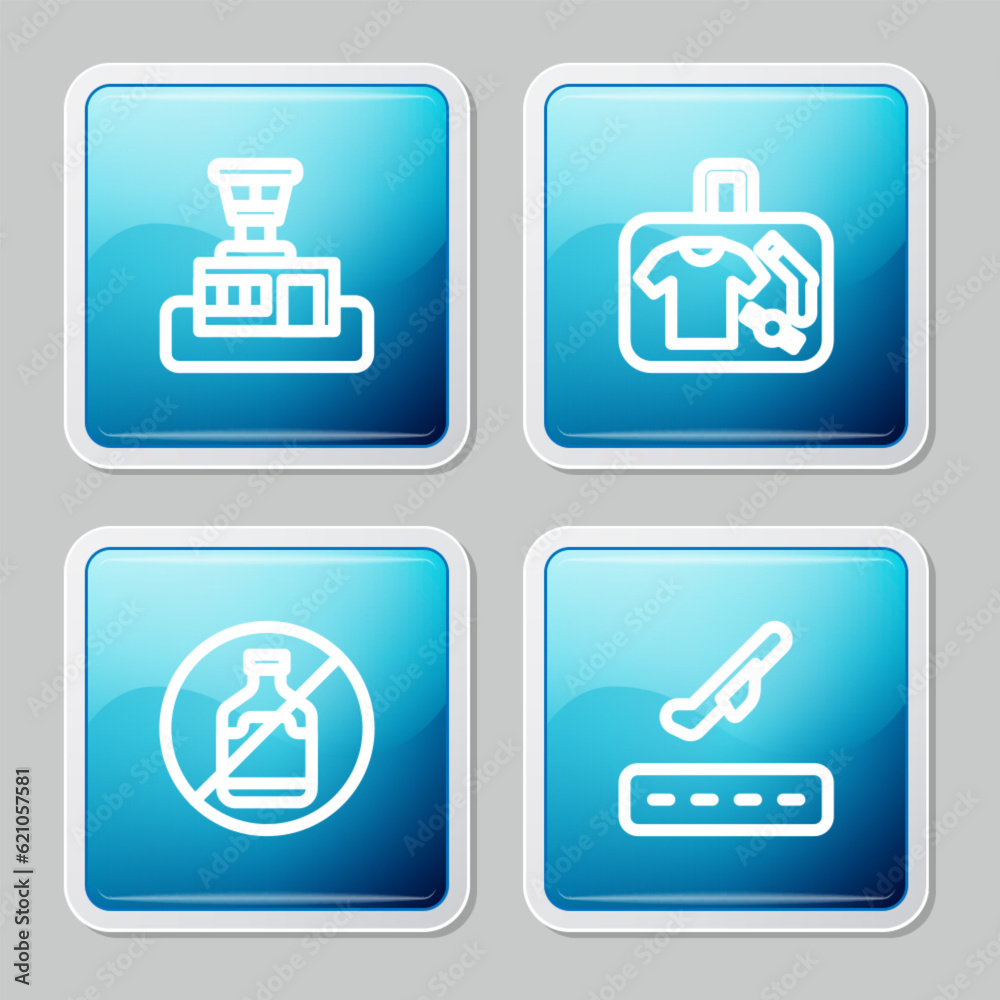 Set line Airport control tower, Suitcase, No alcohol and Plane takeoff icon. Vector