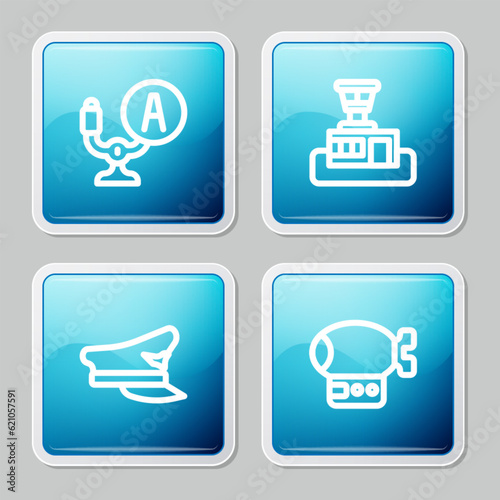 Set line Aircraft steering helm  Airport control tower  Pilot hat and Airship icon. Vector