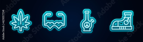 Set line Marijuana, Heart shaped love glasses, Bong and Sneakers. Glowing neon icon. Vector