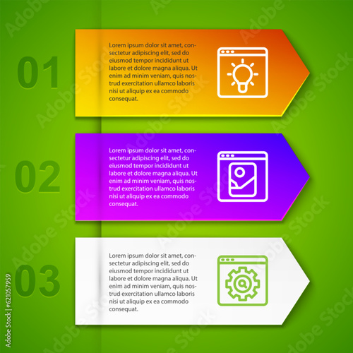 Set line Browser window, Photo retouching and setting. Business infographic template. Vector