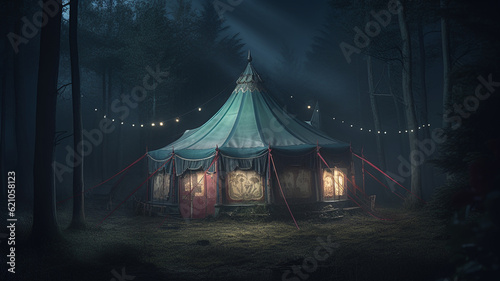 Eerie haunted circus tent at night time. Marquee in the woods. Created with Generative AI.