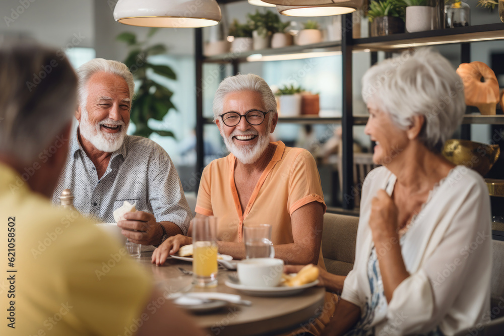 Happy senior friends meeting in cafe. Cheerful people spending time together. Group of aged people sitting in restaurant, talking and laughing. Created with Generative AI
