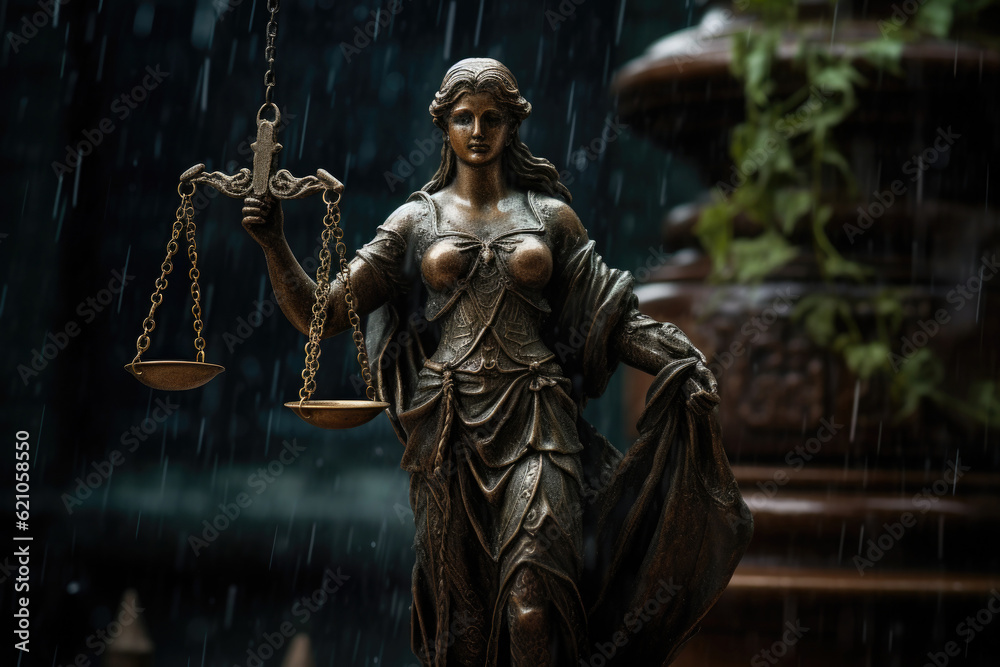 Lady Justice statue close up. Concept of compliance with law and fair trial. Created with Generative AI Lady Justice statue close up. Concept of compliance with law and fair trial. Created with Generative AI