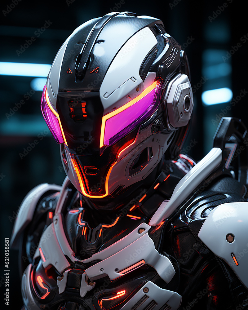 Fototapeta premium Portrait of futuristic humanoid wearing bionic armor with neon glowing and modern helmet plus tech visor. Cyberspace Augmented Reality, futuristic vision. Generative AI. 