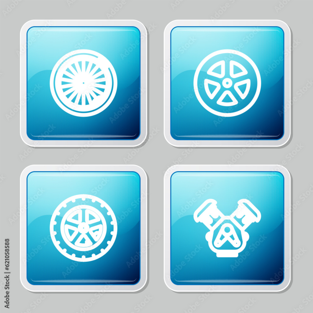 Set line Car wheel, , and engine icon. Vector Set line Car wheel, , and engine icon. Vector
