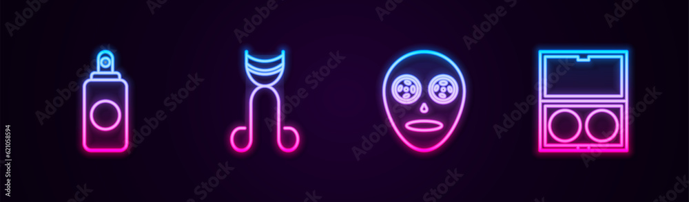 Set line Spray can, Eyelash curler, Facial cosmetic mask and Makeup powder with mirror. Glowing neon icon. Vector Set line Spray can, Eyelash curler, Facial cosmetic mask and Makeup powder with mirror. Glowing neon icon. Vector