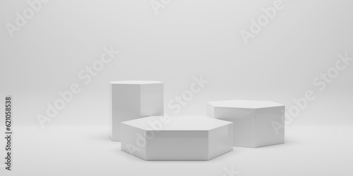 White studio template and hexagon pedestal on simple background with product shelf. Blank studio podium for advertising. 3D rendering.