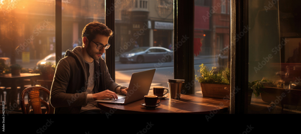 Business man working in cafe, using laptop. Freelancer works remotely. Created with Generative AI Business man working in cafe, using laptop. Freelancer works remotely. Created with Generative AI