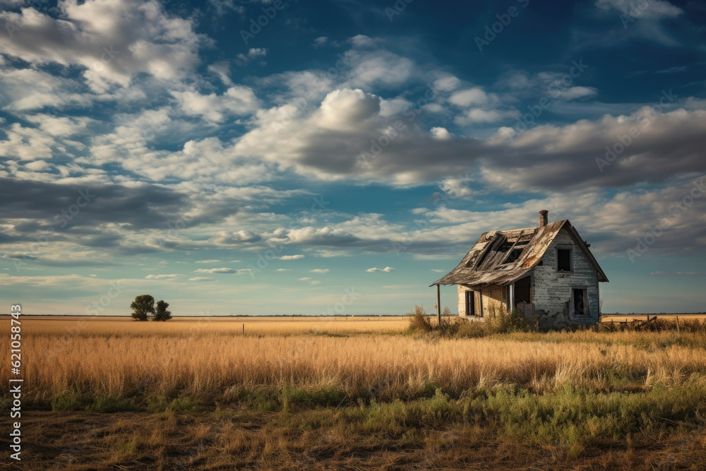 Abandoned house in field at twilight. Creepy old house. Uninhabitable mansion. Created with Generative AI Abandoned house in field at twilight. Creepy old house. Uninhabitable mansion. Created with Generative AI