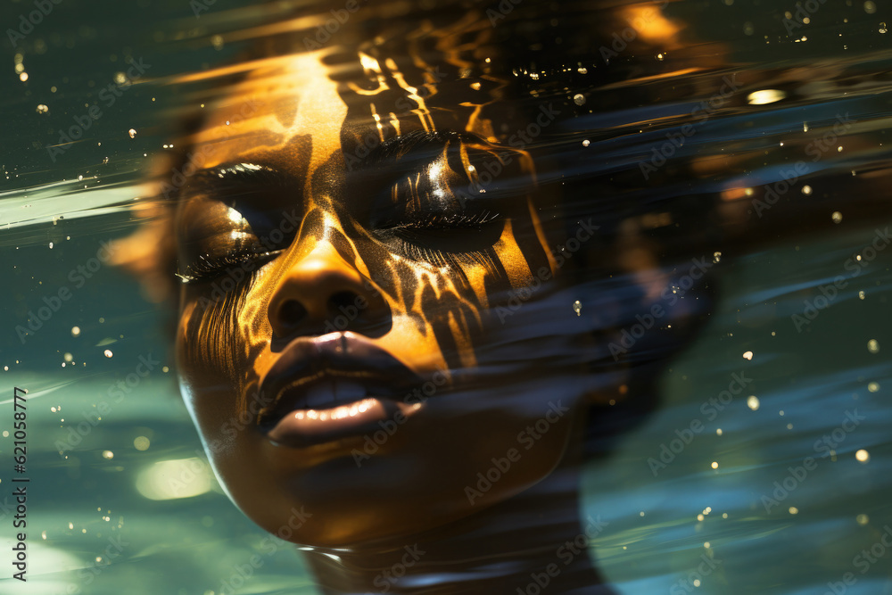 Beautiful woman face under water. Black female model with bright makeup