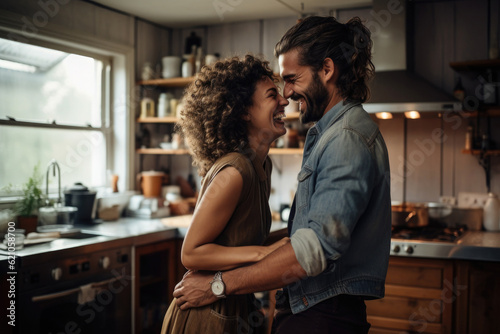 Happy couple smiling and dancing in kitchen while prepare dinner. Loving man and woman have fun at home. Positive emotions and happiness in family life. Created with Generative AI