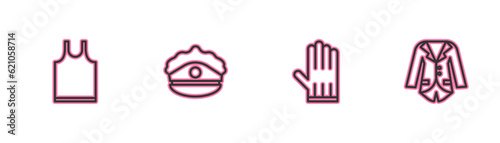 Set line Sleeveless T-shirt, Leather glove, Police cap with cockade and Blazer or jacket icon. Vector