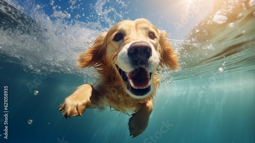 Funny golden retriever dog swimming under water in a summer pool, macro shot © JW Studio