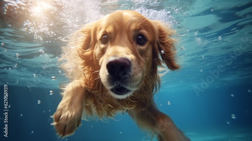 Funny golden retriever dog swimming under water in a summer pool, macro shot