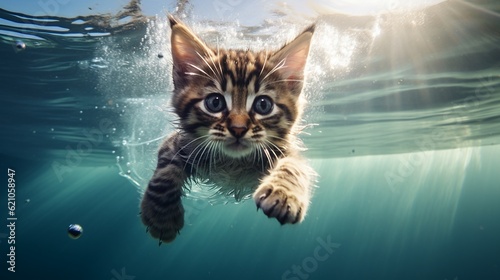 Funny kitten cat swimming under water in a summer pool, macro shot photo