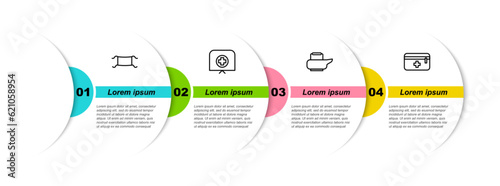 Set line Medical protective mask, Nurse hat with cross, Bedpan and First aid kit. Business infographic template. Vector
