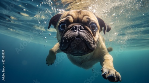 Funny pug dog swimming under water in a summer pool, macro shot