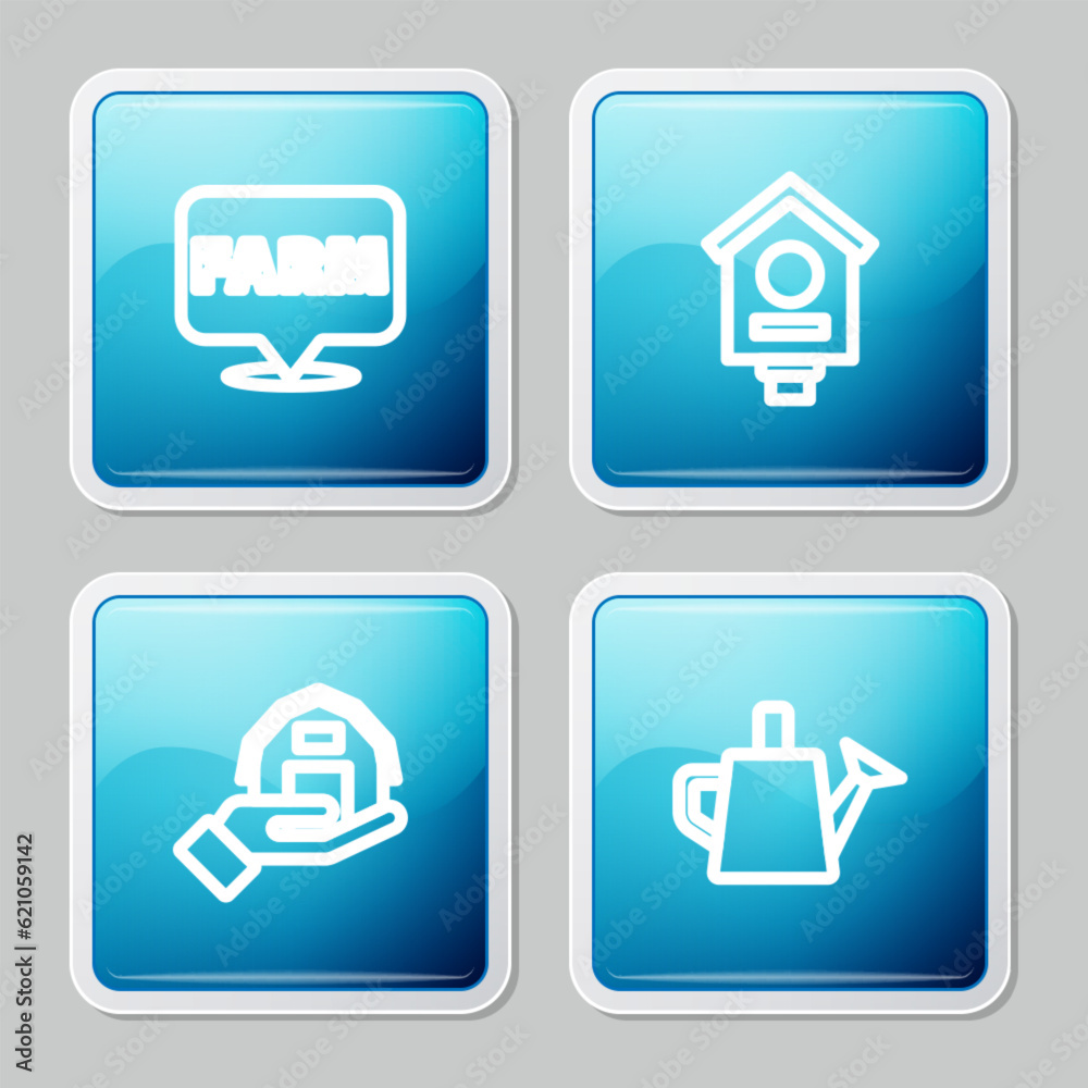 Set line Location farm, Bird house, Farm in hand and Watering can icon. Vector Set line Location farm, Bird house, Farm in hand and Watering can icon. Vector