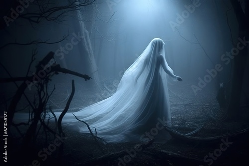 A stunning female ghost in a wedding dress. Created with Generative Ai technology.