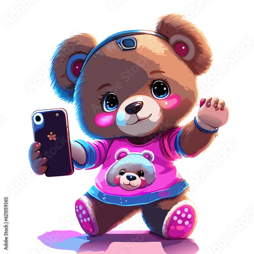 cute teddy girly bear doll swag girl slogan with taking selfie on white background