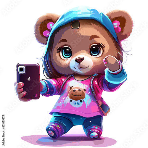 cute teddy girly bear doll swag girl slogan with taking selfie on white background