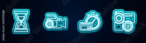 Set line Old hourglass with sand, Video camera setting, Fast payments and . Glowing neon icon. Vector