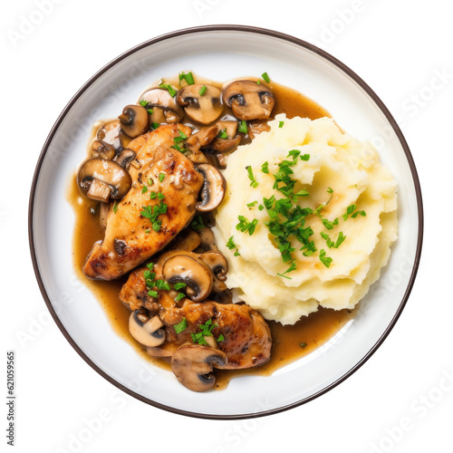 Plate of Chicken Marsala with Mashed Potatoes on a Transparent Background 
