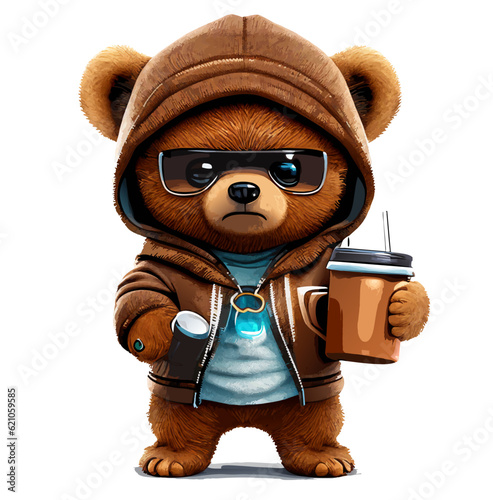 bossy light brown teddy bear doll stand posting holding coffee cup  in fashion sweatsuit