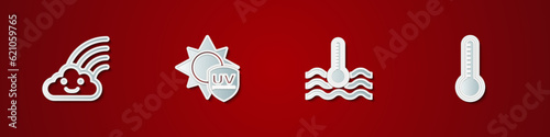 Set Rainbow with cloud, UV protection, Water thermometer and Meteorology icon. Vector