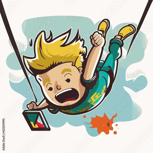 Bungee jumping man on the ropes. Extreme sport vibes. Cartoon illustration. isolated background,