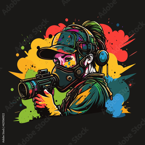 Paintball player Soldier with weapons at war. Splashes of color from gunshots in the background. Cartoon vector illustration.