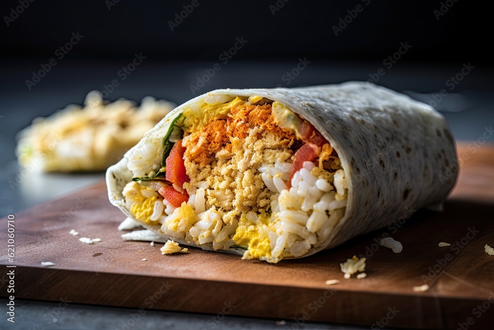 breakfast burrito wrapped in chewy and crispy sushi rice wrapper, created with generative ai