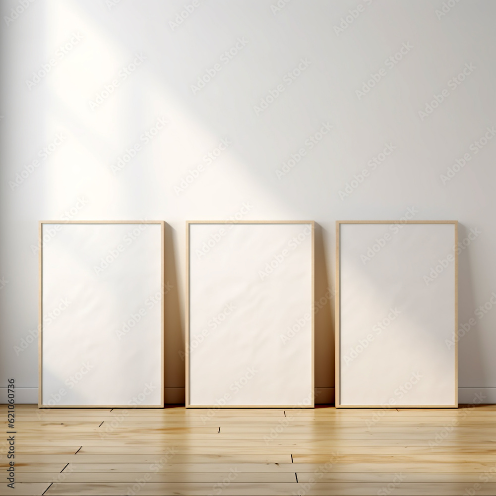 Set of 3 poster frame mockup standing on wooden floor, minimalist interior design, 3d rendering, realistic wall art templates Set of 3 poster frame mockup standing on wooden floor, minimalist interior design, 3d rendering, realistic wall art templates