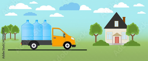 Delivery of water in 19 letter or 5 gallon bottles by truck to house. A concept for water delivery by van. The car carries bottle of 5 gallons, vector illustration. © Richir