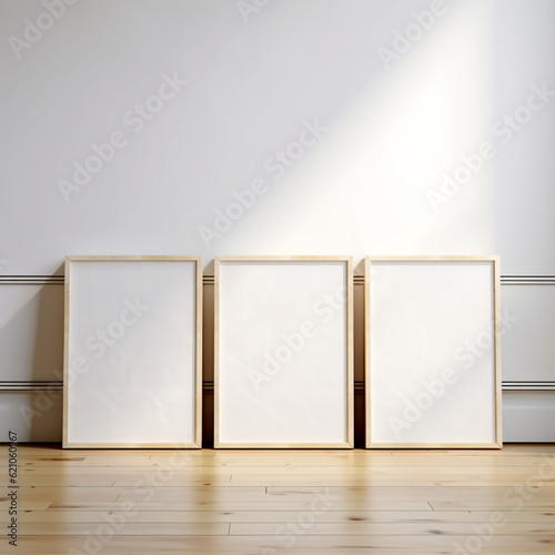 Set of 3 poster frame mockup standing on wooden floor, minimalist interior design, 3d rendering, realistic wall art templates