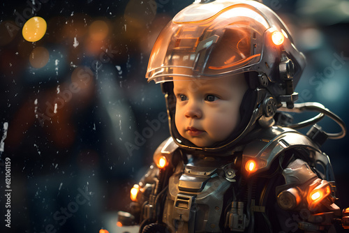 portrait of a cyberpunk baby wearing futuristic armour © sam