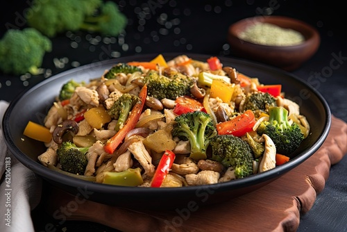 plate of sizzling stir-fry with mix of vegetables and protein, created with generative ai
