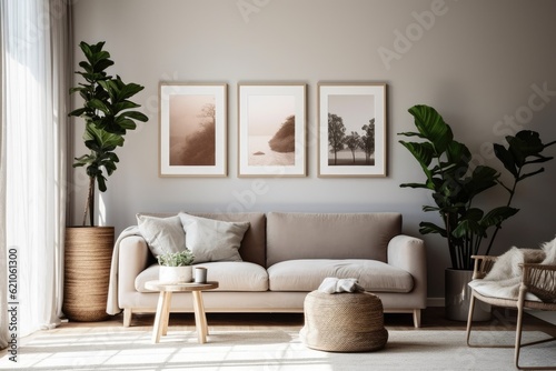 A modern living room with three empty poster frames on a beige wall, a plant, a gray sofa, and comfortable cushions. © 2rogan