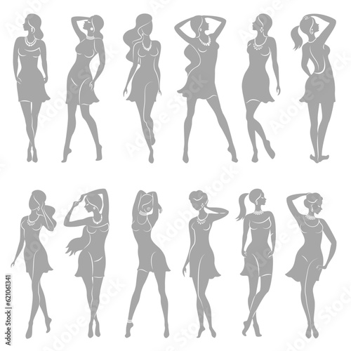 Collection. Silhouette of a woman. The girl is slender and beautiful. Lady is suitable for decor, posters, stickers, logo. Vector illustration set