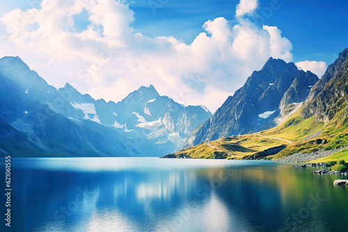 mountain range with a lake and a cloudy sky photo