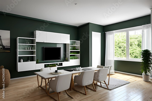 Blank sage green wall partition, white baseboard on parquet floor in luxury, modern room design with wooden dining table, chair, cabinet, cupboard and light colour window curtain photo