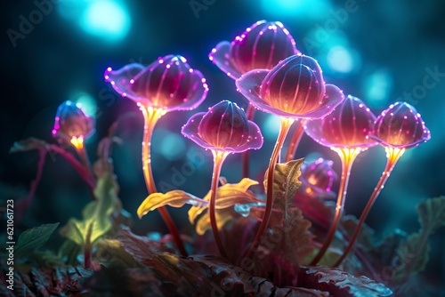 A bioluminescent alien crystal forest with flowers, bioluminescent carnivorous plants, AI Generative
